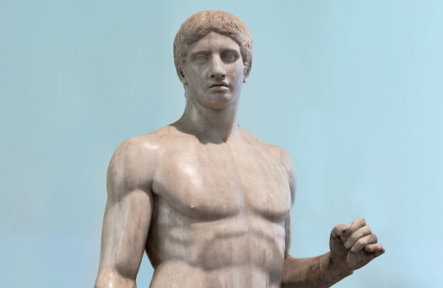 Polykleitos, Doryphoros (Spear-Bearer) or The Canon, c. 450–440 B.C.E., ancient Roman marble copy found in Pompeii of the lost bronze original, 211 cm high (Museo Archeologico Nazionale di Napoli)